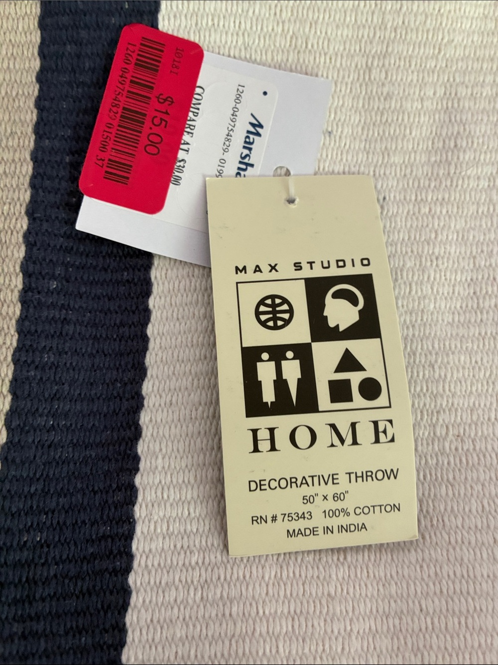 Striped Navy and Cream Decorative Throw - Max Studio NWT - Picture 3 of 4